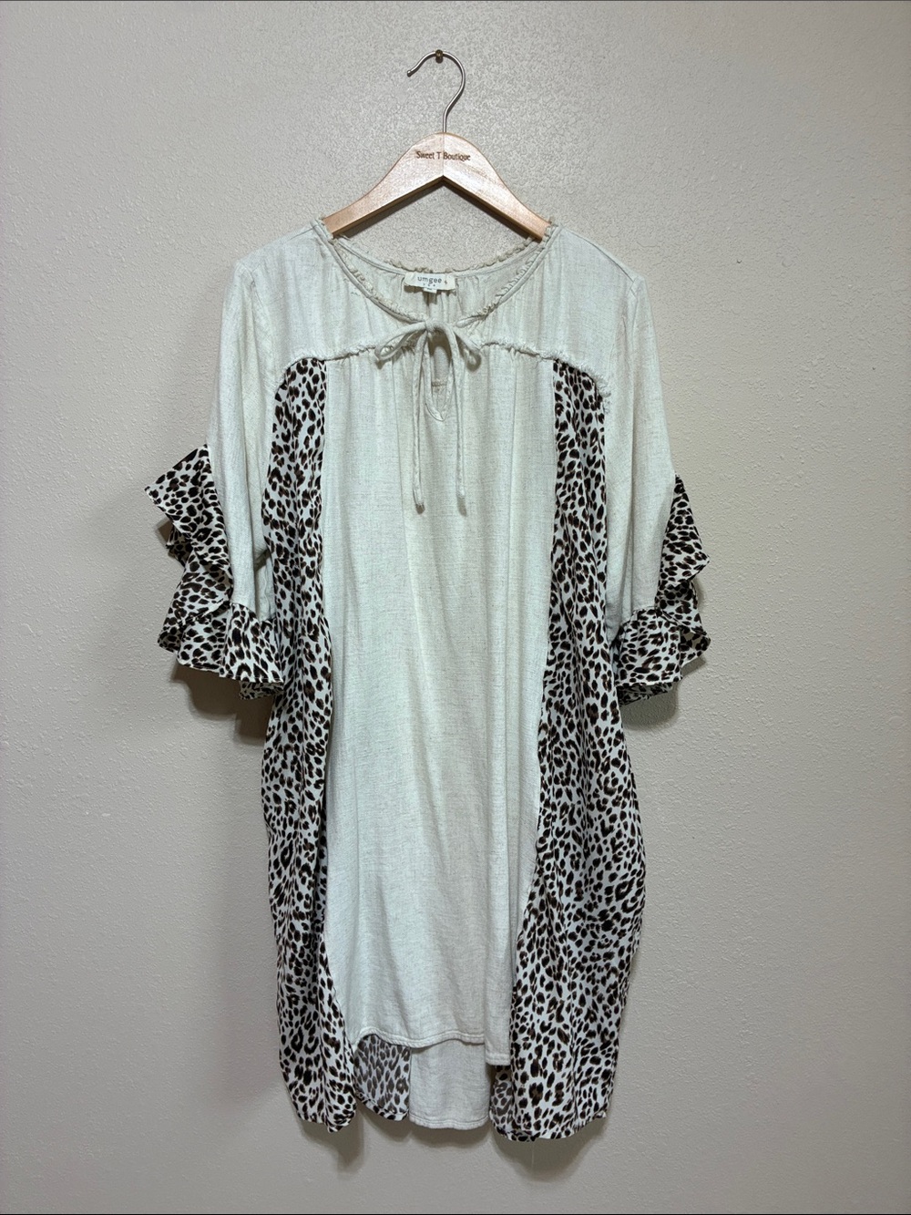 Umgee + Size 2XL Linen Blend Mixed Media Animal Print Boho Shift Dress